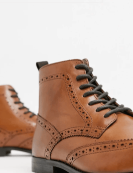 ASOS DESIGN Wide Fit brogue boots in tan leather with natural sole