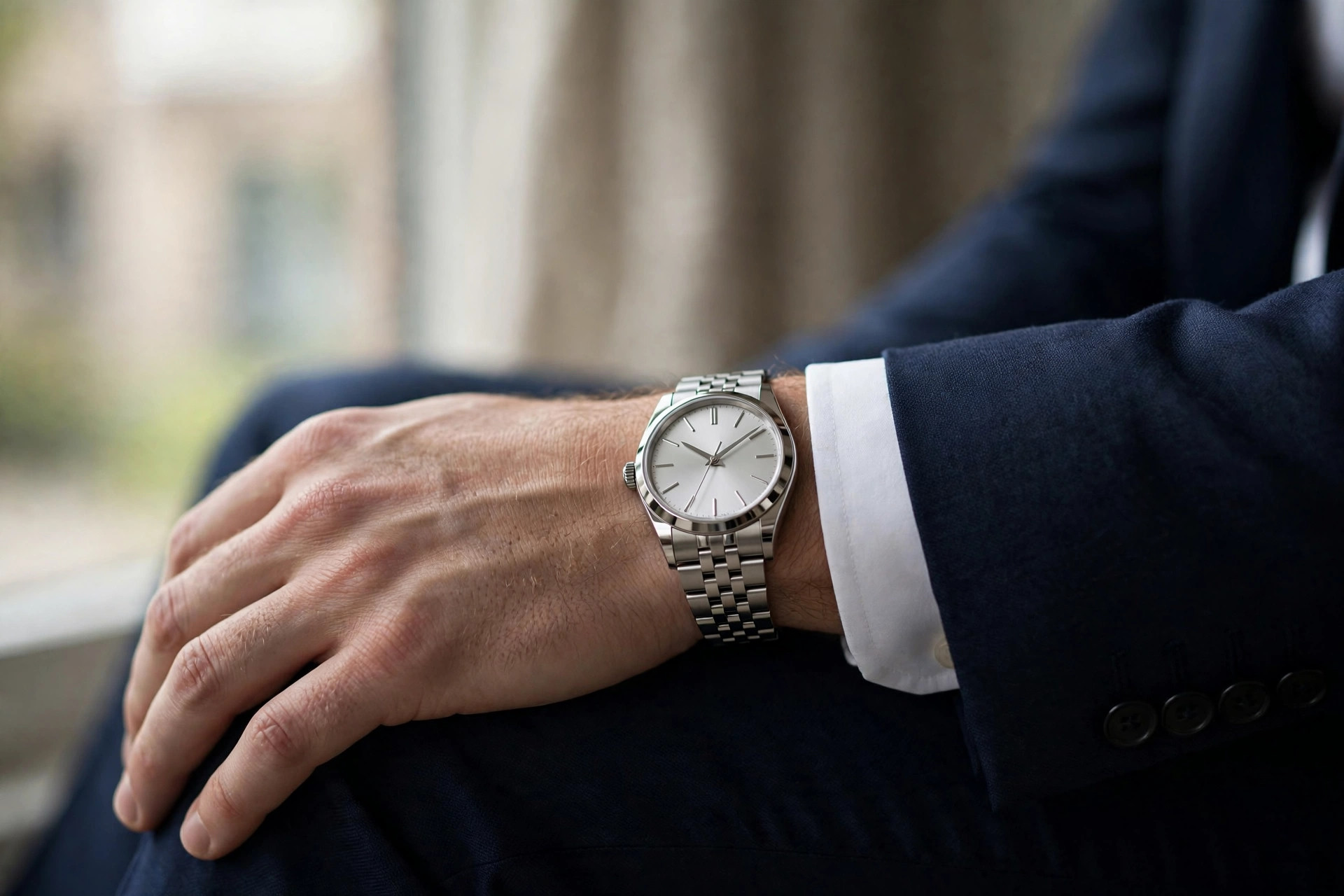 A steel bracelet watch on a man's wrist, worn with a navy suit cuff