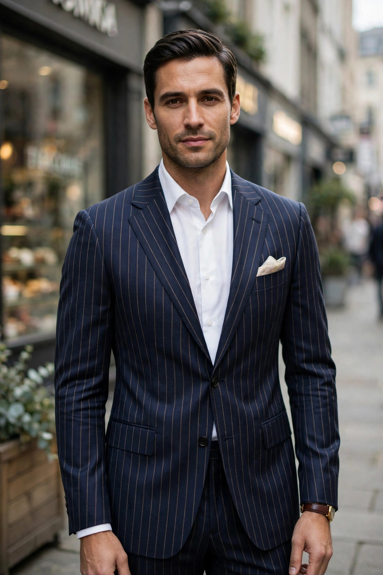 Man in a navy pinstripe suit on a city street