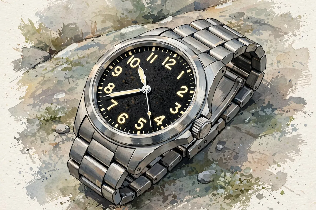 Illustration of a titanium field watch with a black textured dial