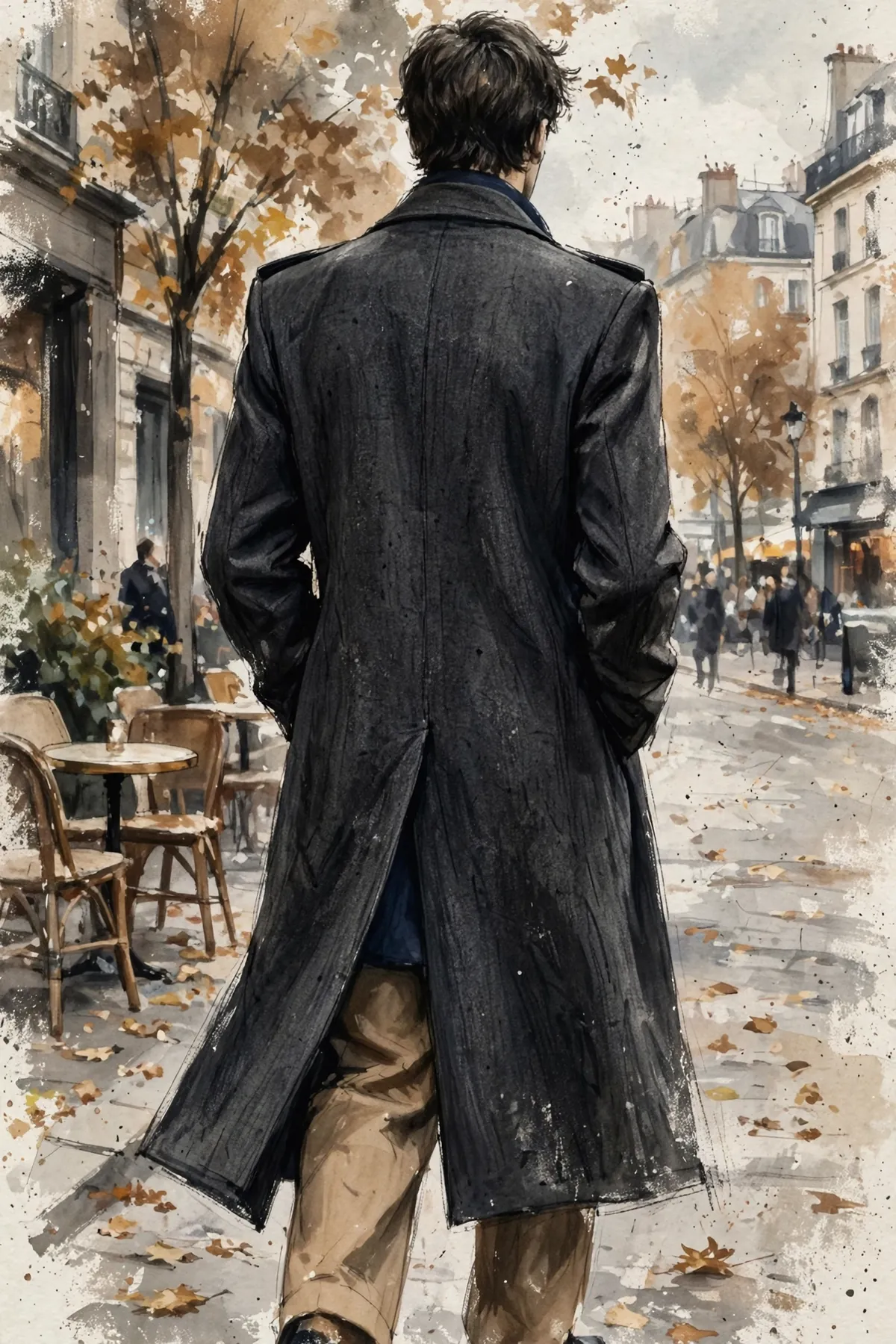 Illustration of a man in a full-length charcoal wool overcoat on an autumn city street