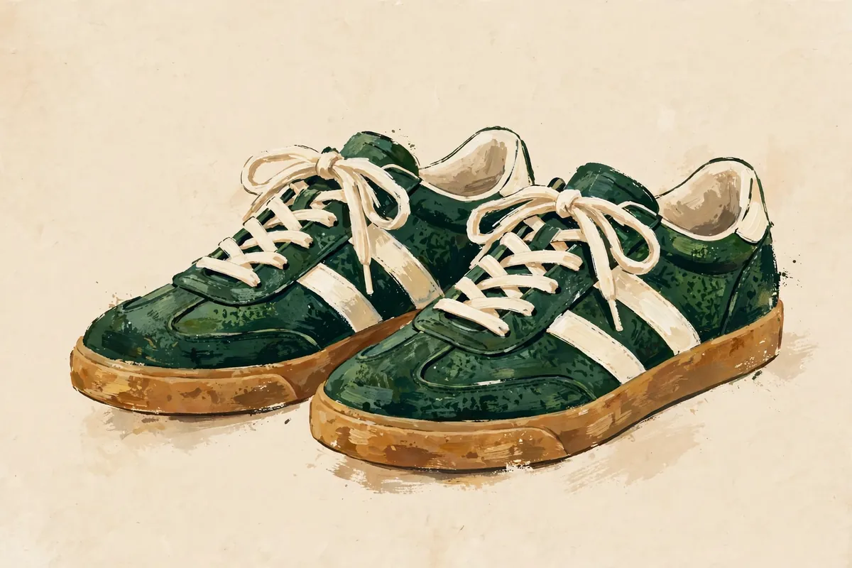 Illustration of deep green textured leather sneakers with cream stripes and gum soles