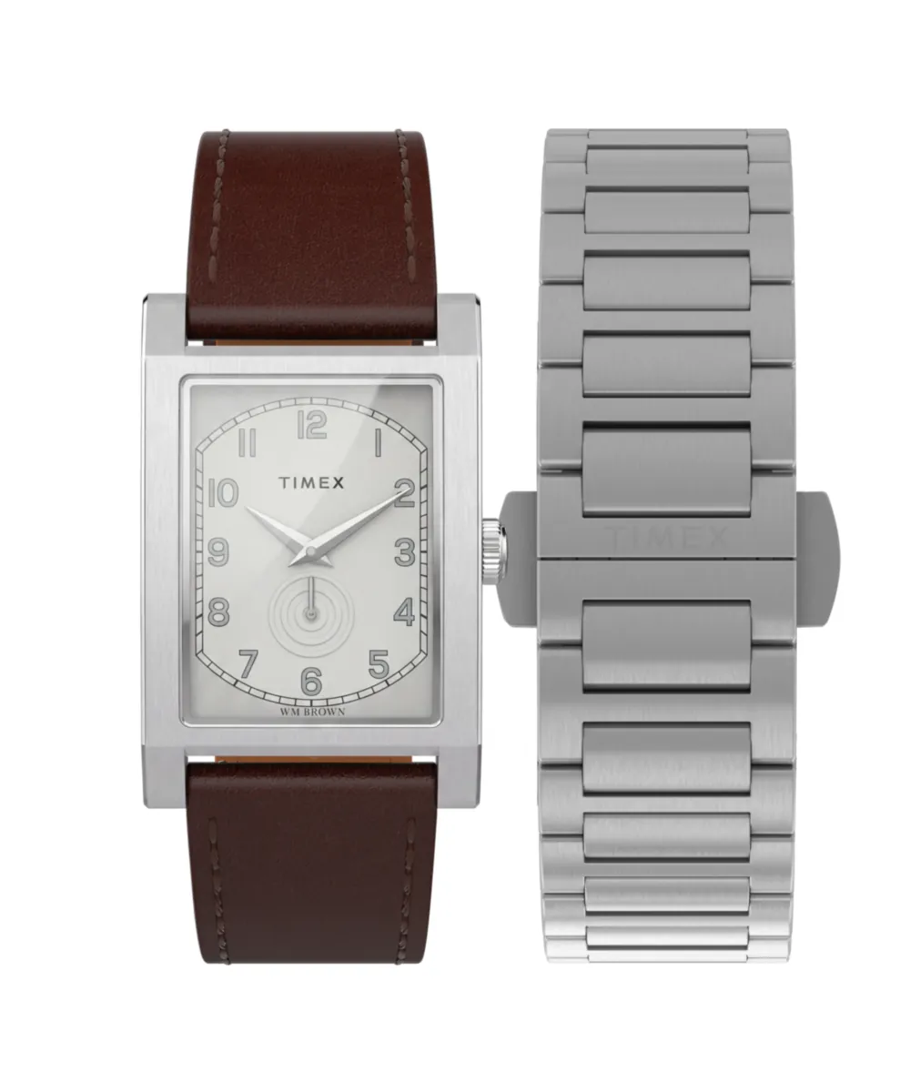 WM Brown x Timex rectangular dress watch with brown leather strap, steel bracelet beside it